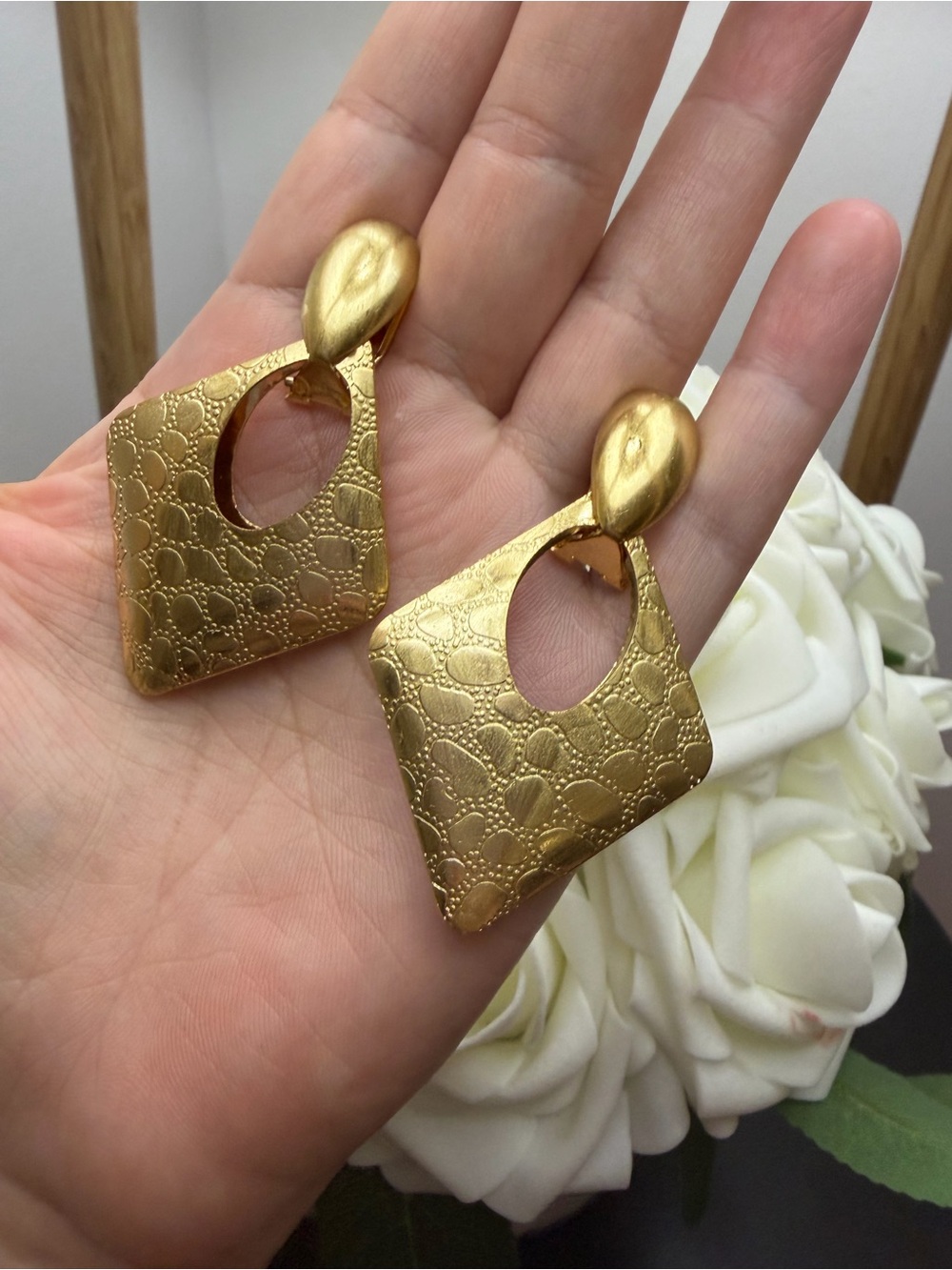 Gold Textured Drop Earrings - Women Jewelry